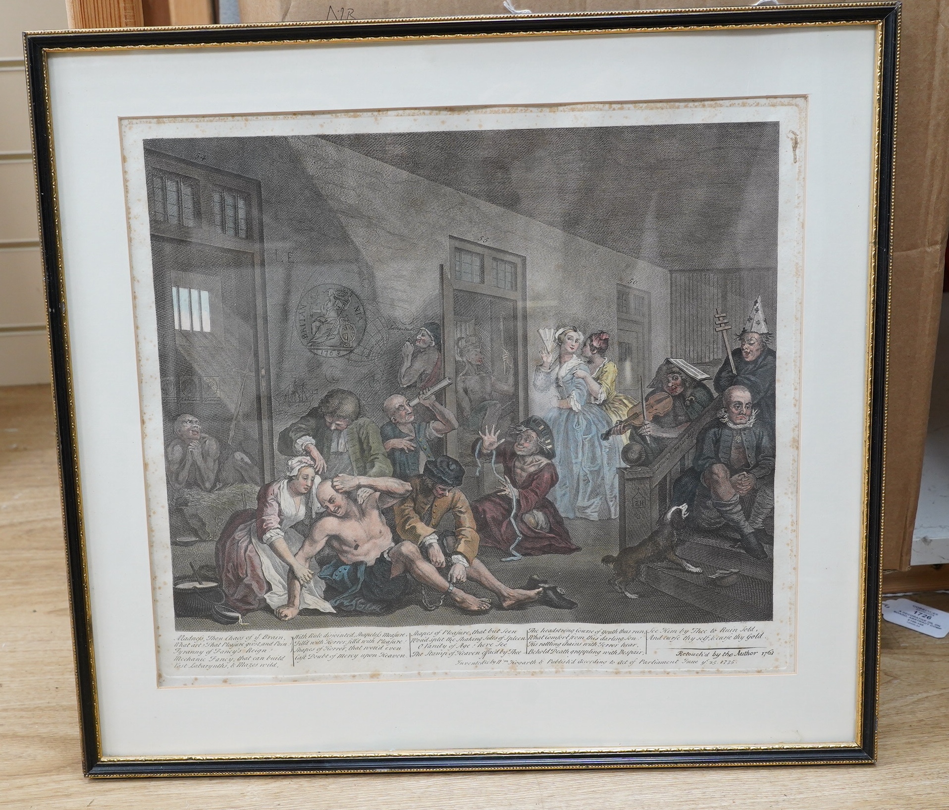 After William Hogarth (1697-1764), Eight satirical hand coloured engravings, ‘The Rakes Progress’, published June 25th 1735, largest 36 x 41cm. Condition - poor, fair, foxing throughout